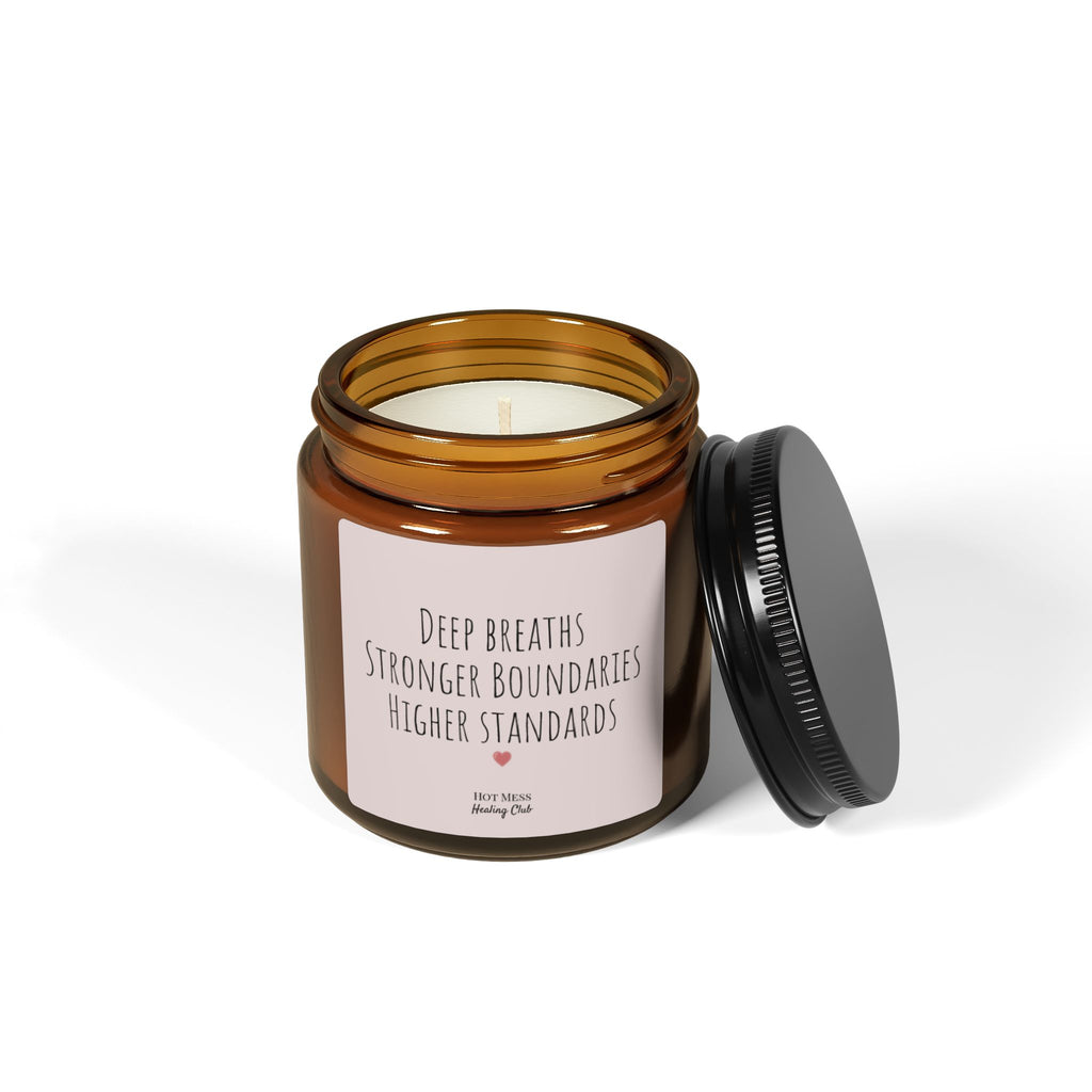Scented Soy Candle — "Deep Breaths, Stronger Boundaries, Higher Standards" (Amber Jar)