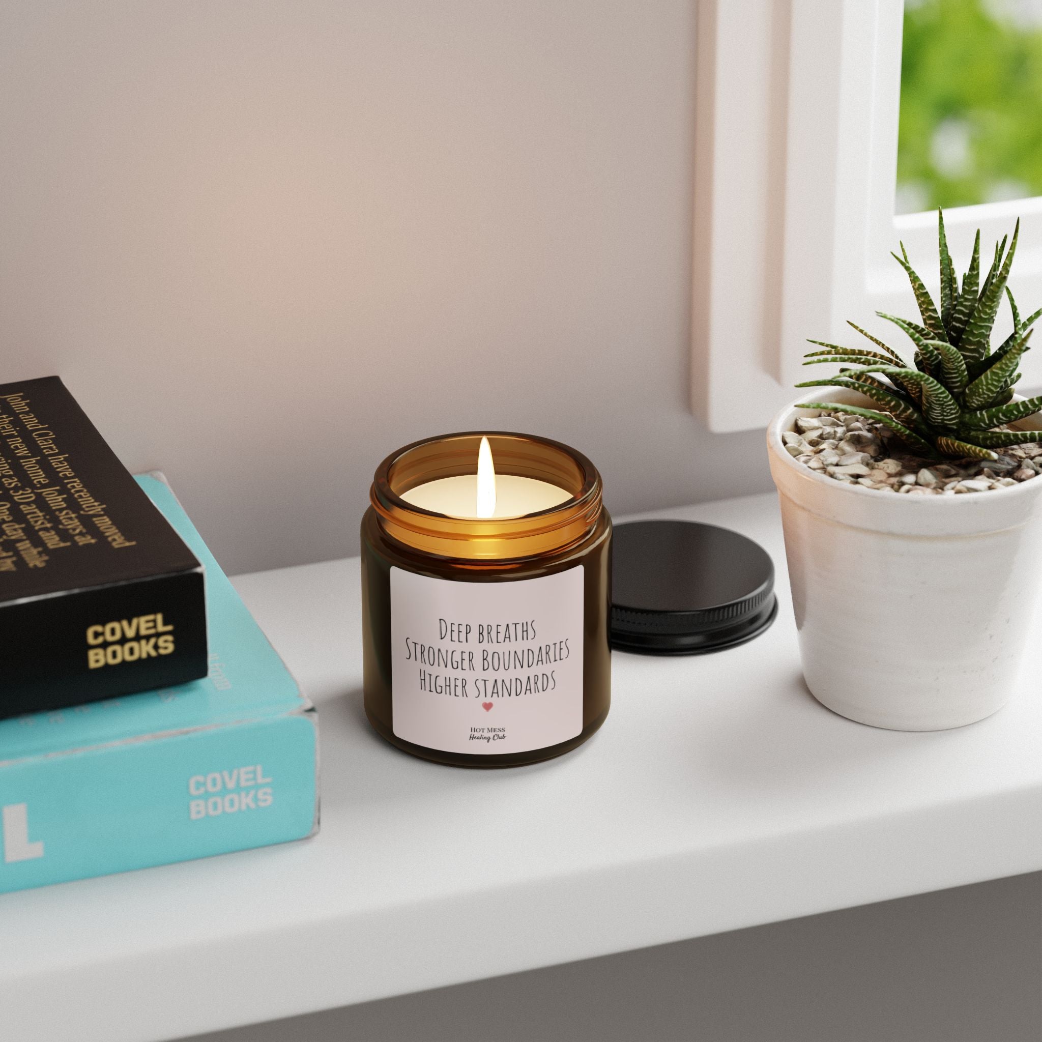 Scented Soy Candle — "Deep Breaths, Stronger Boundaries, Higher Standards" (Amber Jar)