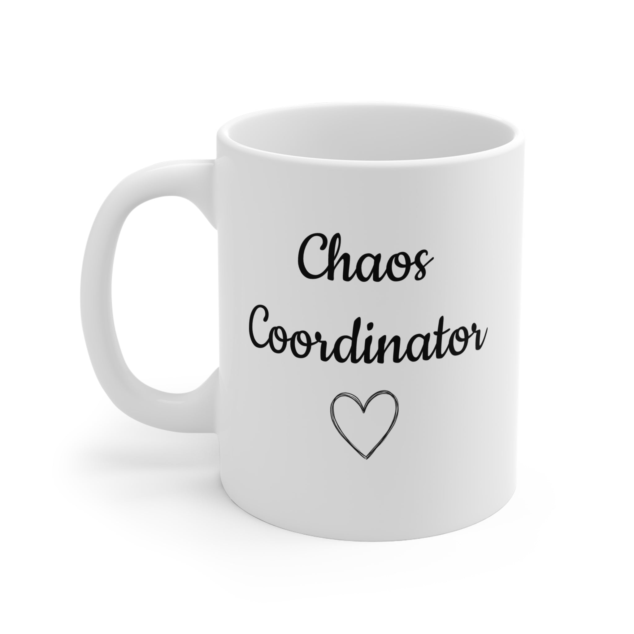 Chaos Coordinator Mug — Heart, Floral Logo Coffee Cup for Busy Moms & Teachers