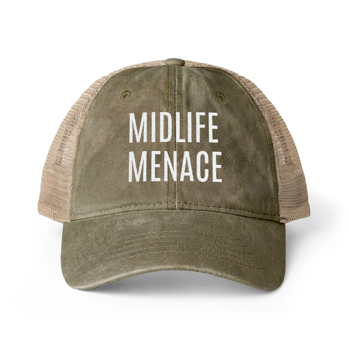 "MIDLIFE MENACE" Women's Washed Mesh-Back Cap