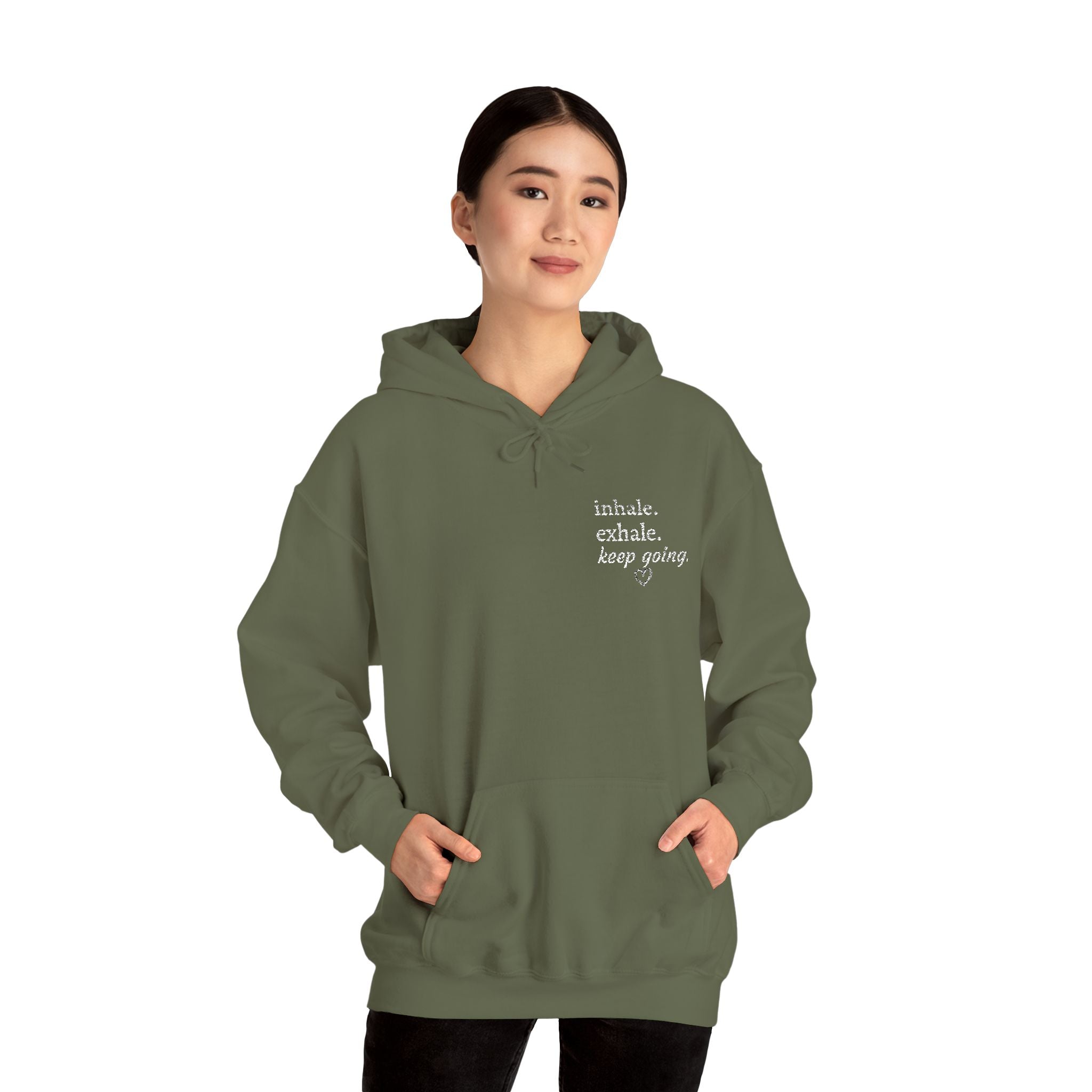 Hoodie — Small Chest Script Graphic "inhale. exhale. keep going." | Minimal Streetwear