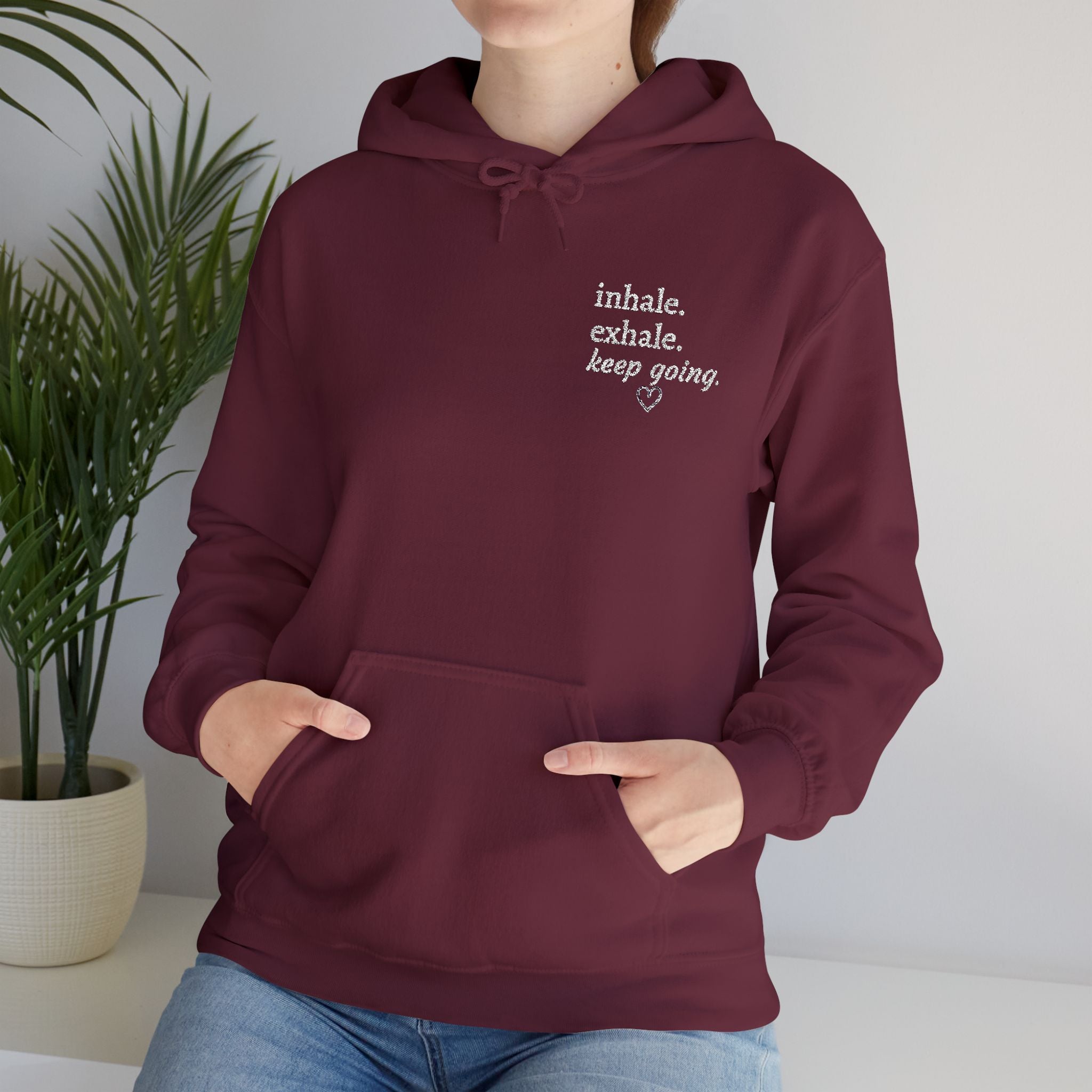 Hoodie — Small Chest Script Graphic "inhale. exhale. keep going." | Minimal Streetwear