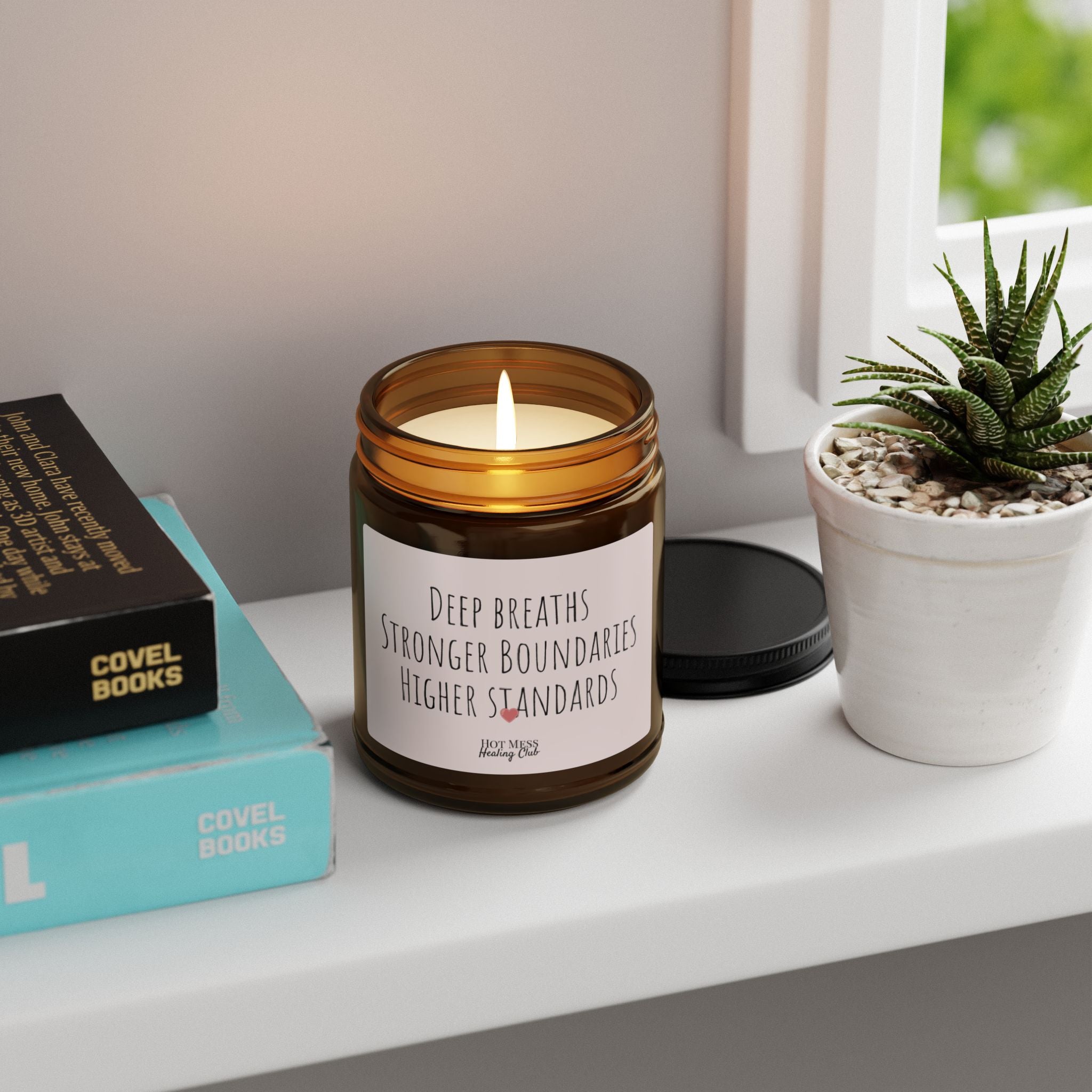 Scented Soy Candle — "Deep Breaths, Stronger Boundaries, Higher Standards" (Amber Jar)