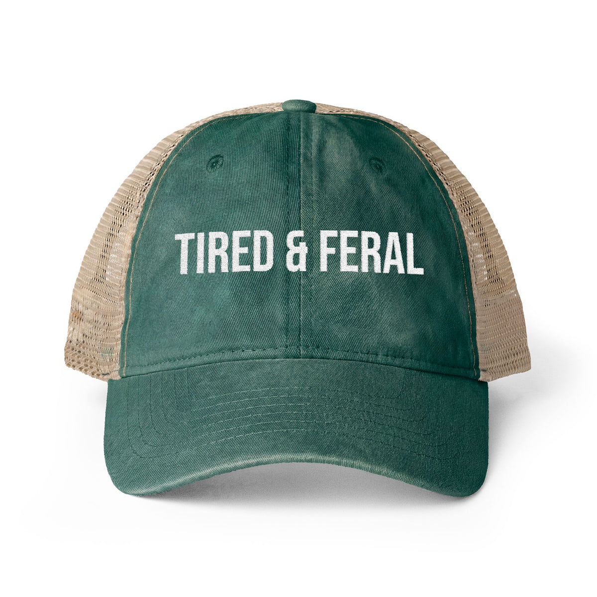 "TIRED & FERAL" Women's Washed Mesh-Back Cap