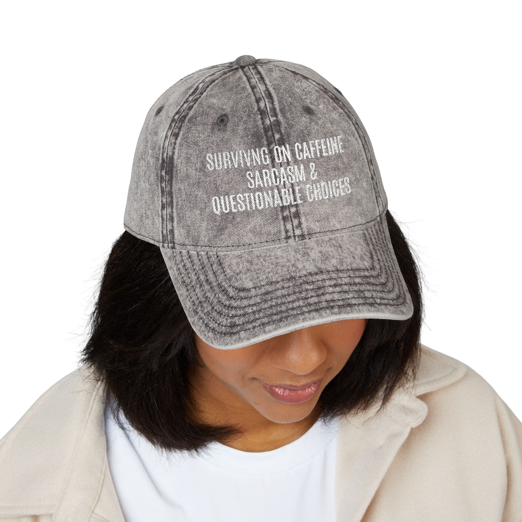 Vintage Embroidered Cap — 'Surviving on Caffeine, Sarcasm & Questionable Choices'