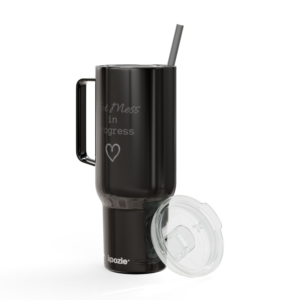 Insulated Tumbler with Lid, 40oz (Engraving)- "Hot Mess in Progress"