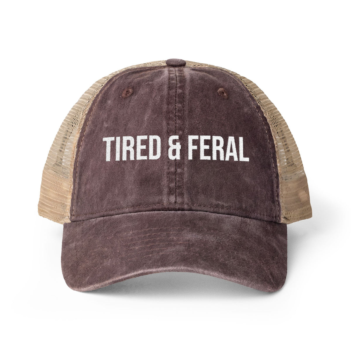 "TIRED & FERAL" Women's Washed Mesh-Back Cap