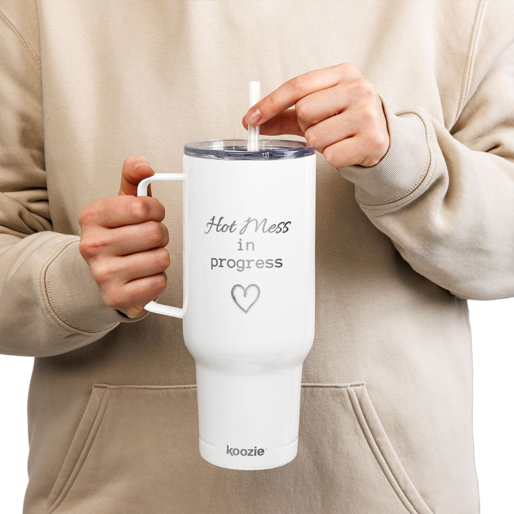 Insulated Tumbler with Lid, 40oz (Engraving)- "Hot Mess in Progress"