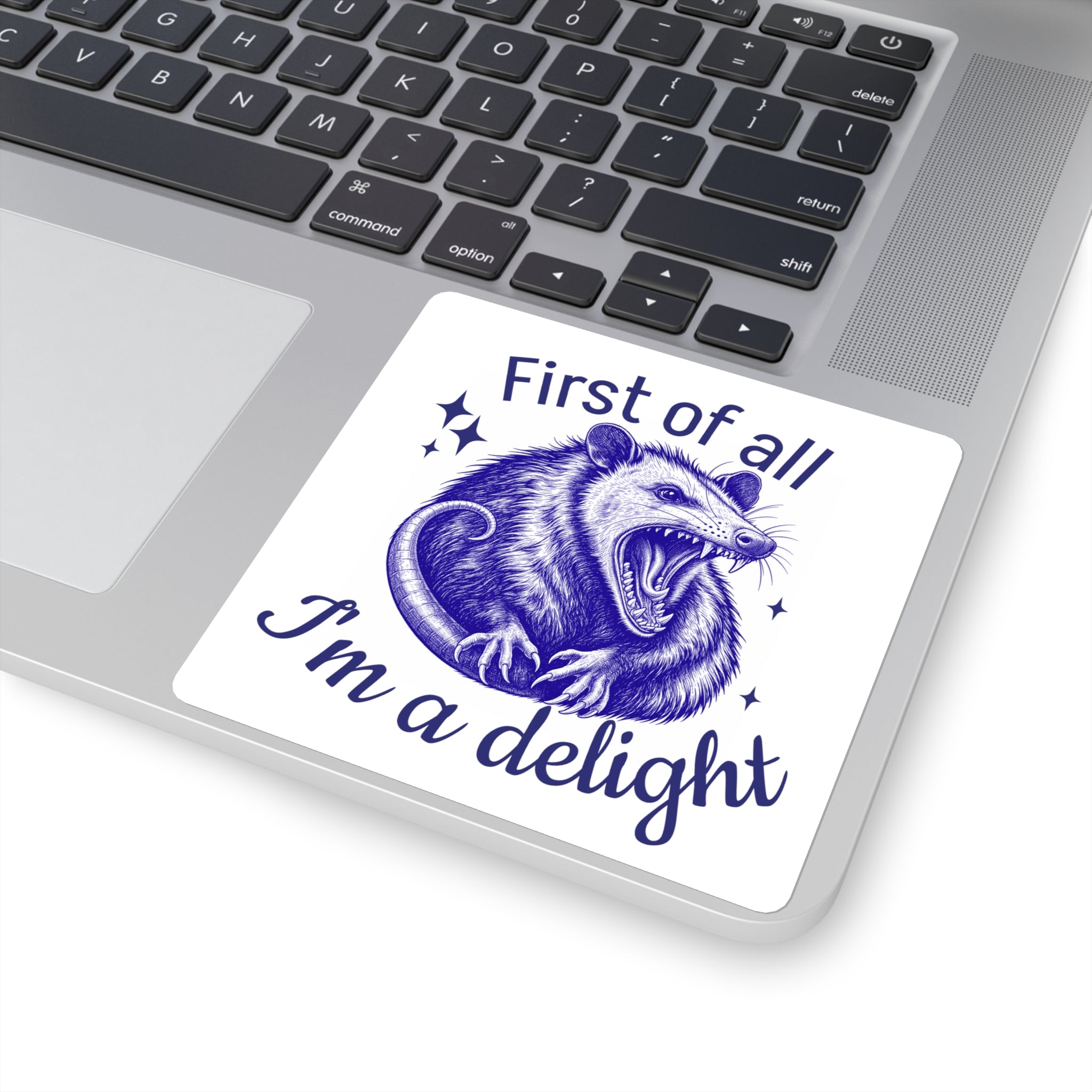 Square Sticker — "First of All I'm a Delight" Possum Illustration