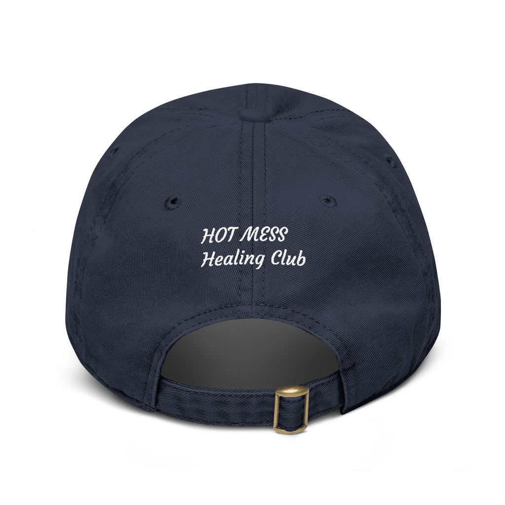 Washed Baseball Cap — “Good moms say bad words” Embroidered Mom Hat (Hot Mess Healing Club Back)