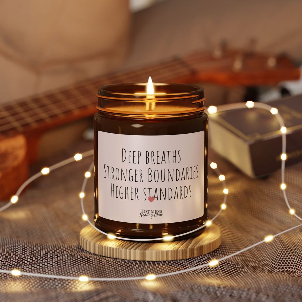 Scented Soy Candle — "Deep Breaths, Stronger Boundaries, Higher Standards" (Amber Jar)