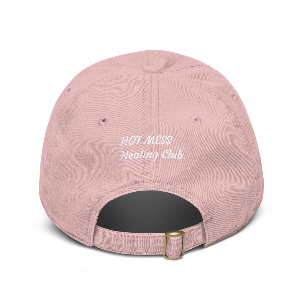 Washed Baseball Cap — “Good moms say bad words” Embroidered Mom Hat (Hot Mess Healing Club Back)