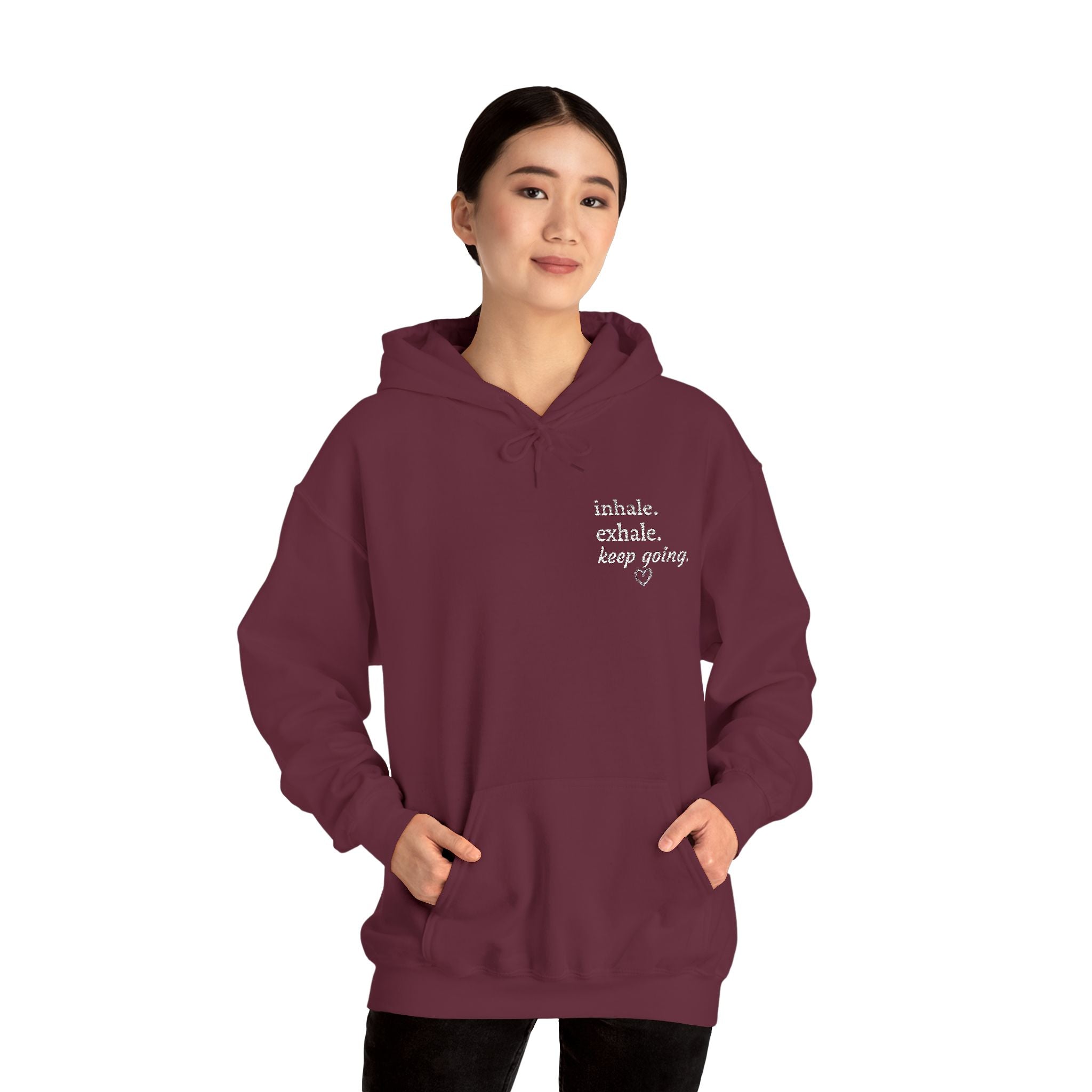 Hoodie — Small Chest Script Graphic "inhale. exhale. keep going." | Minimal Streetwear