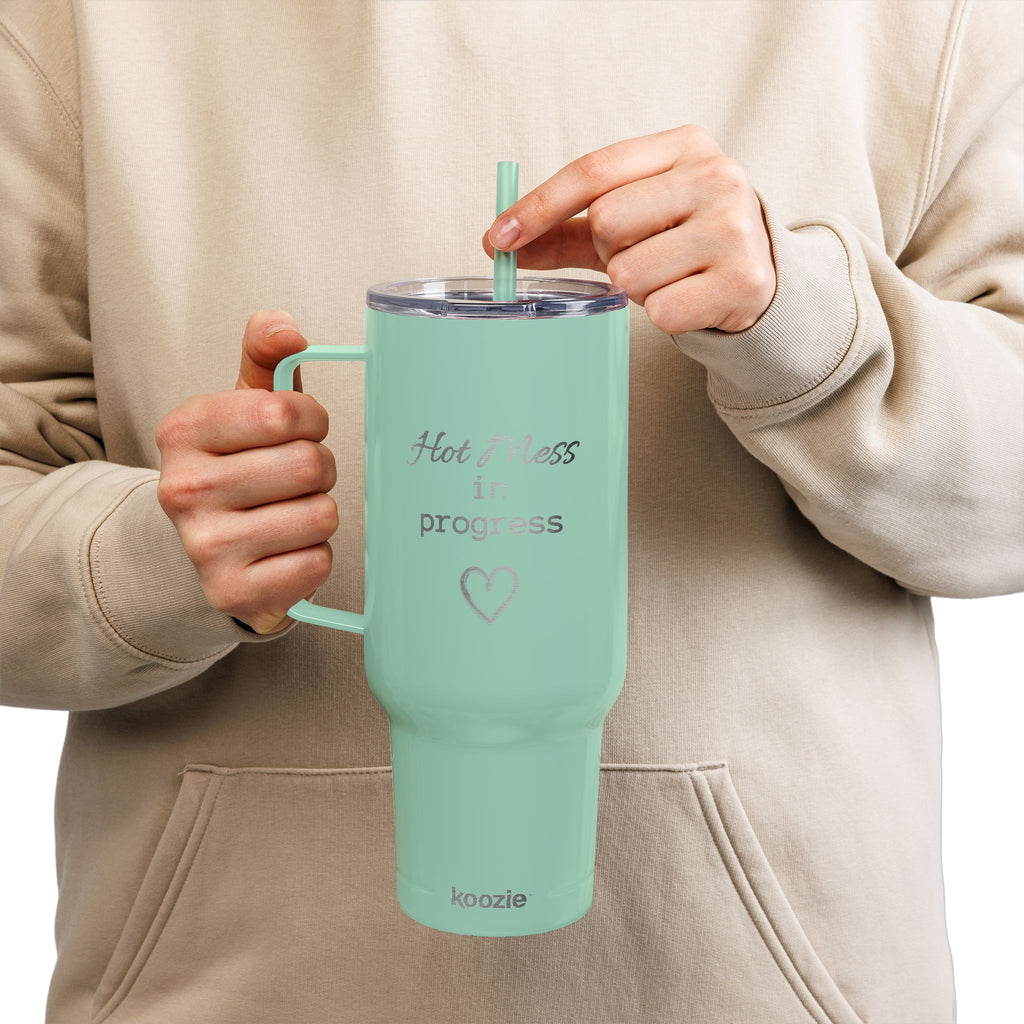 Insulated Tumbler with Lid, 40oz (Engraving)- "Hot Mess in Progress"