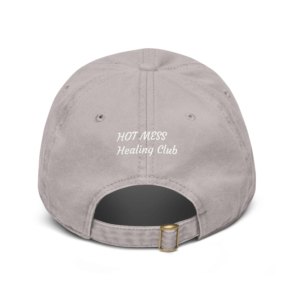 Washed Baseball Cap — “Good moms say bad words” Embroidered Mom Hat (Hot Mess Healing Club Back)