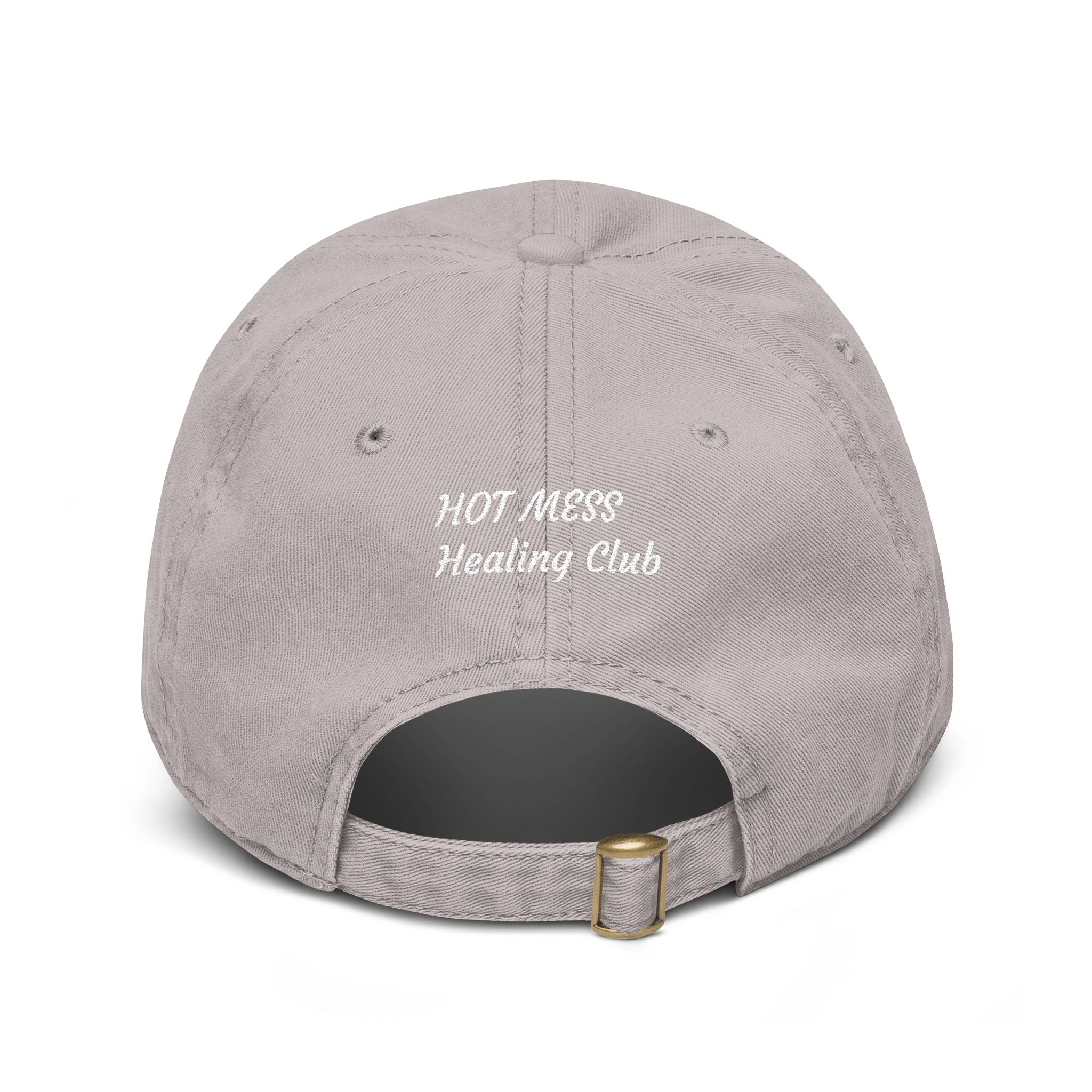 Washed Baseball Cap — “Good moms say bad words” Embroidered Mom Hat (Hot Mess Healing Club Back)