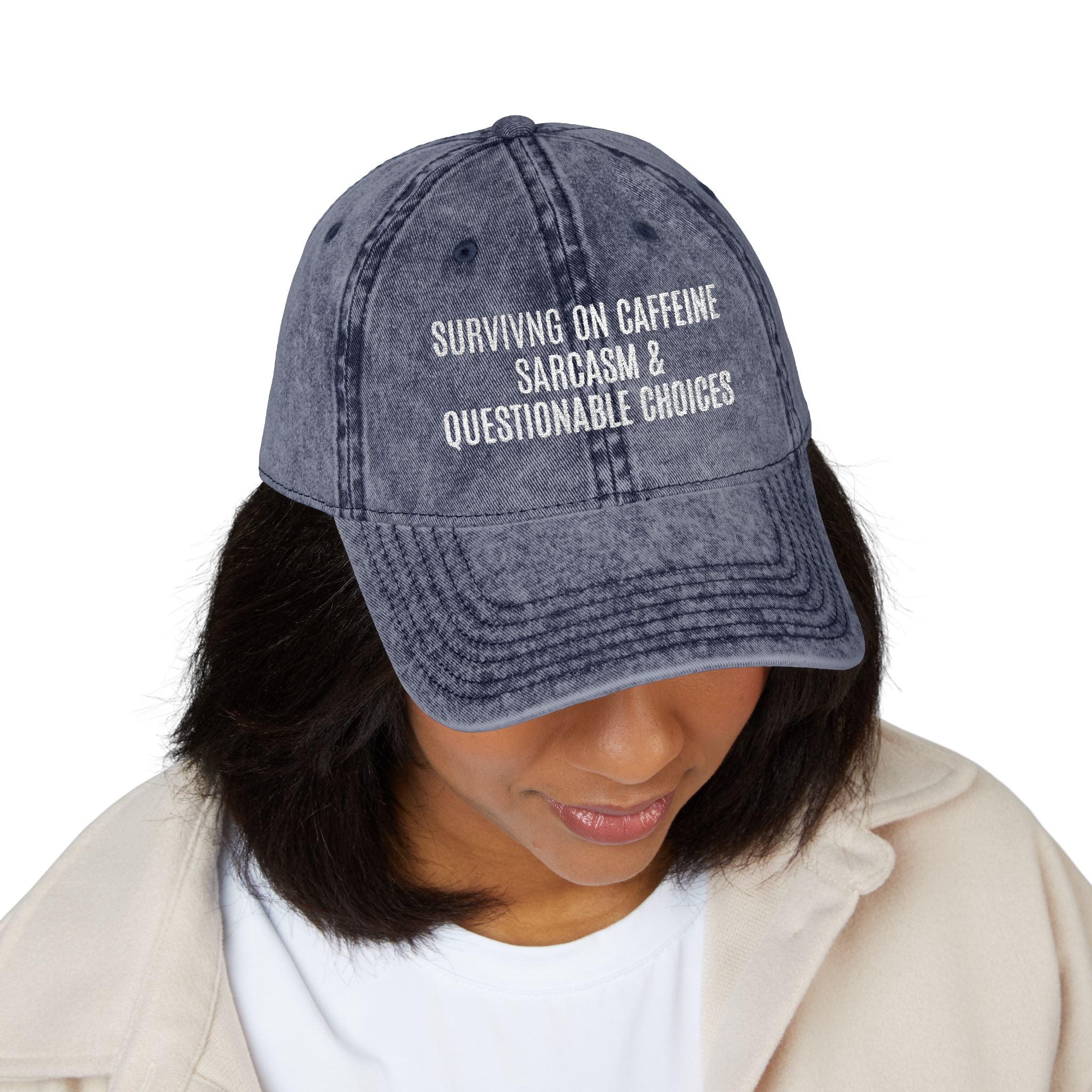 Vintage Embroidered Cap — 'Surviving on Caffeine, Sarcasm & Questionable Choices'