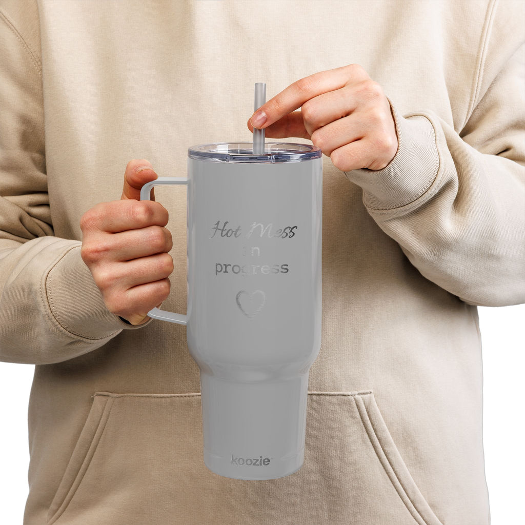 Insulated Tumbler with Lid, 40oz (Engraving)- "Hot Mess in Progress"