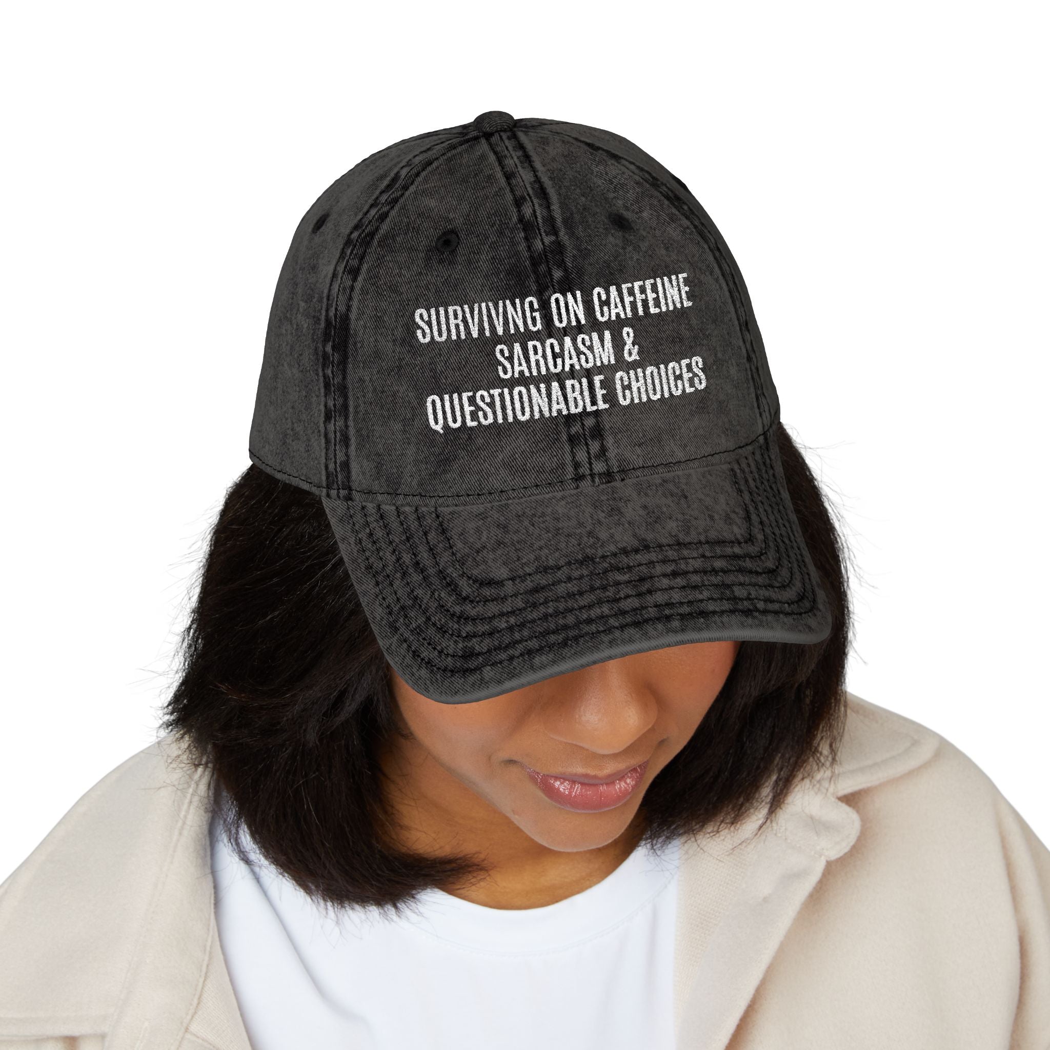 Vintage Embroidered Cap — 'Surviving on Caffeine, Sarcasm & Questionable Choices'