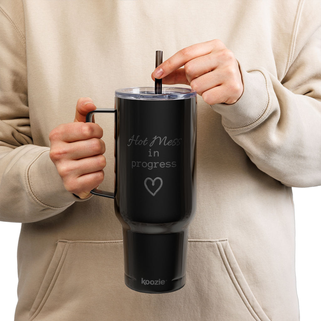 Insulated Tumbler with Lid, 40oz (Engraving)- "Hot Mess in Progress"