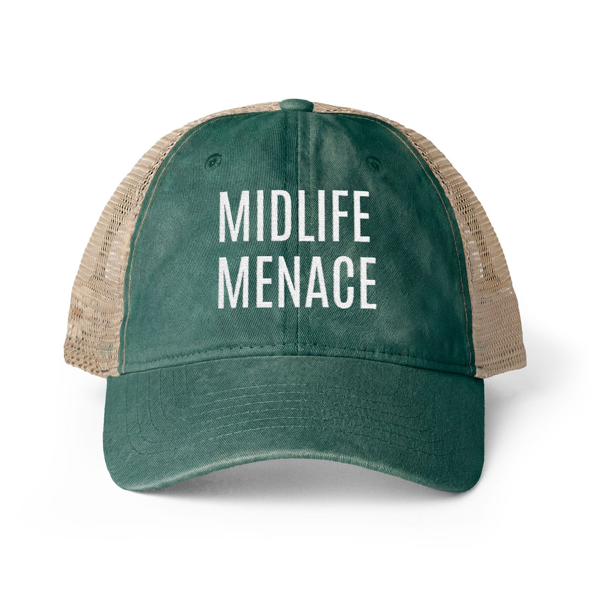 "MIDLIFE MENACE" Women's Washed Mesh-Back Cap