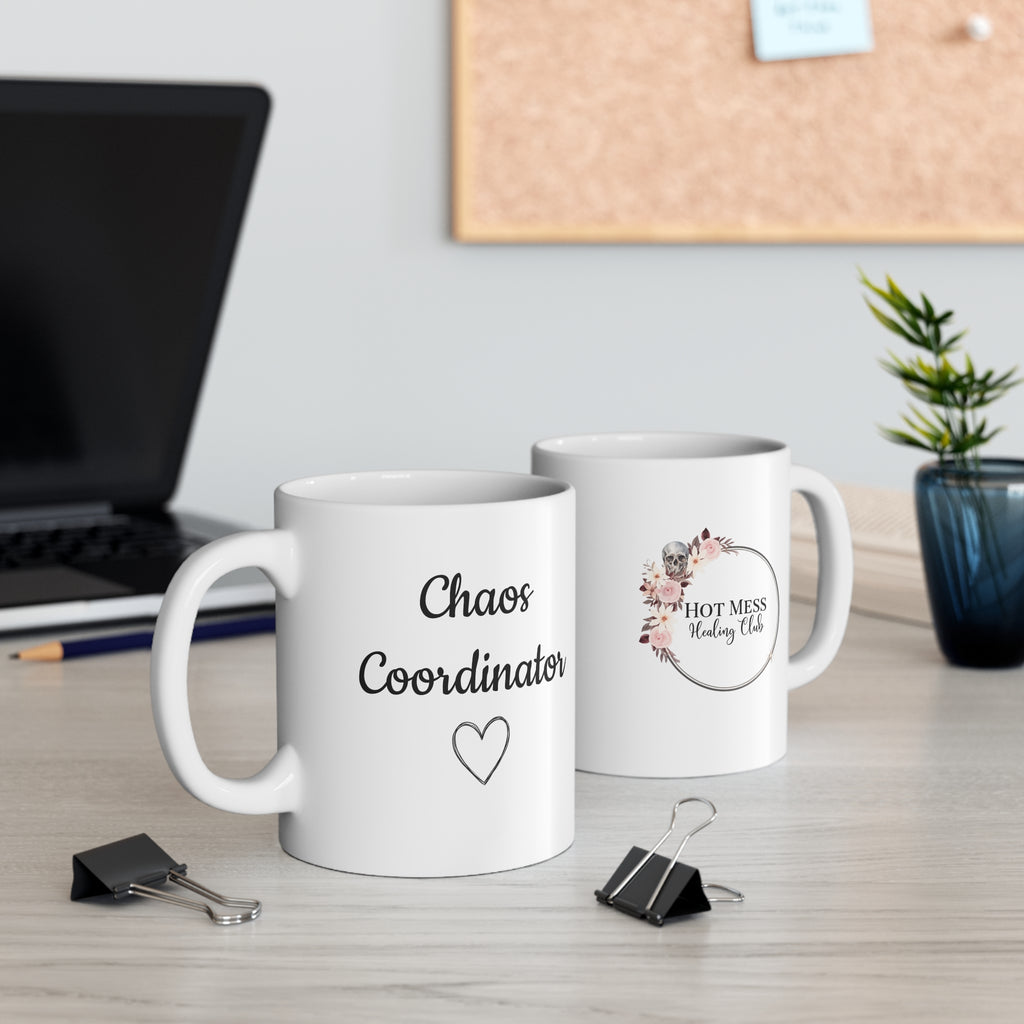 Chaos Coordinator Mug — Heart, Floral Logo Coffee Cup for Busy Moms & Teachers