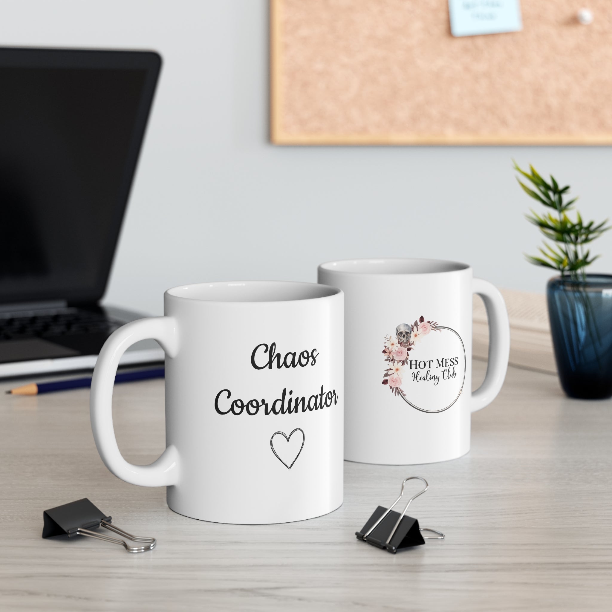 Chaos Coordinator Mug — Heart, Floral Logo Coffee Cup for Busy Moms & Teachers